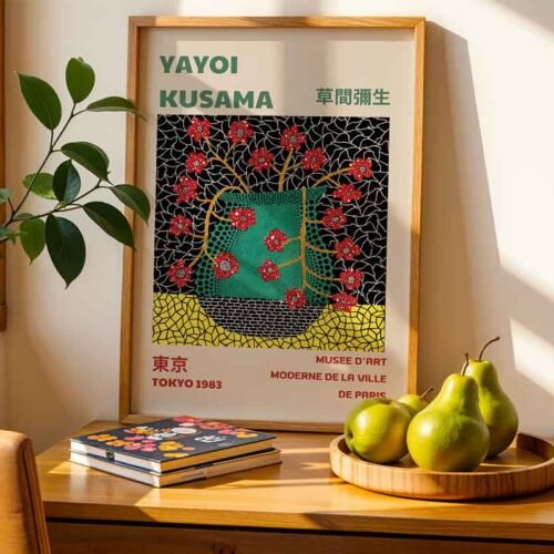 Flower Vase Yayoi Kusama Tokyo & Paris Exhibition Poster Print | Red Flowers in Vase with Polka Dots & Infinity Nets Japanese Wall Art