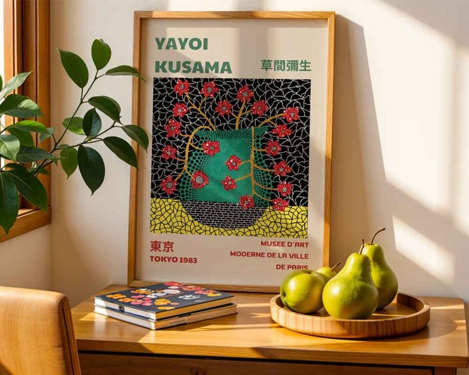 Flower Vase Yayoi Kusama Tokyo & Paris Exhibition Poster Print | Red Flowers in Vase with Polka Dots & Infinity Nets Japanese Wall Art