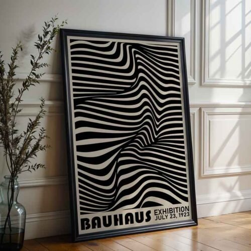 Hypnotic Wave Bauhaus Exhibition 1923 Poster Print | Black and Beige Op Art Wave Pattern | Modern Minimalist Wall Art with Optical Illusion