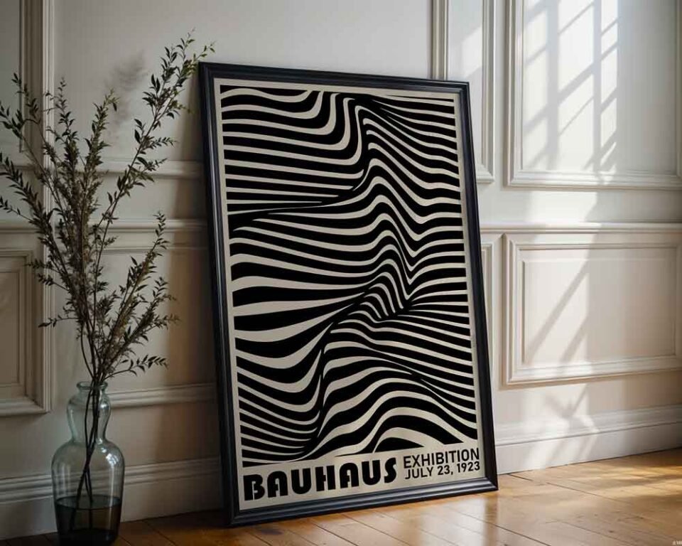Hypnotic Wave Bauhaus Exhibition 1923 Poster Print | Black and Beige Op Art Wave Pattern | Modern Minimalist Wall Art with Optical Illusion