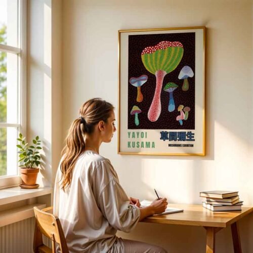 Psychedelic Mushroom Poster Print | Yayoi Kusama Exhibition Style Wall Art | Japanese Wall Art Print with Polka Dots & Nets