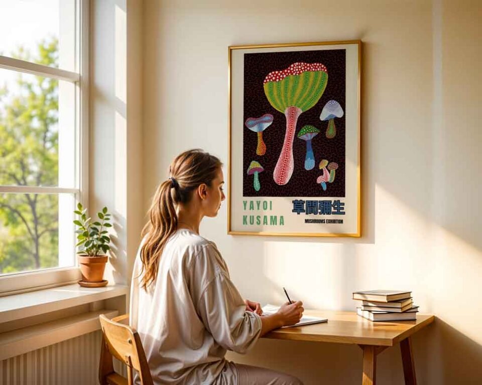 Psychedelic Mushroom Poster Print | Yayoi Kusama Exhibition Style Wall Art | Japanese Wall Art Print with Polka Dots & Nets