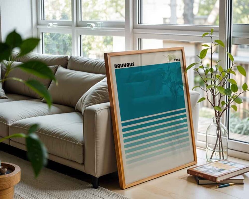 Minimalist Teal Bauhaus 1923 Poster Print | Minimalist Abstract Teal Gradient Stripes | Modern Wall Art for Calming Home & Office Decor