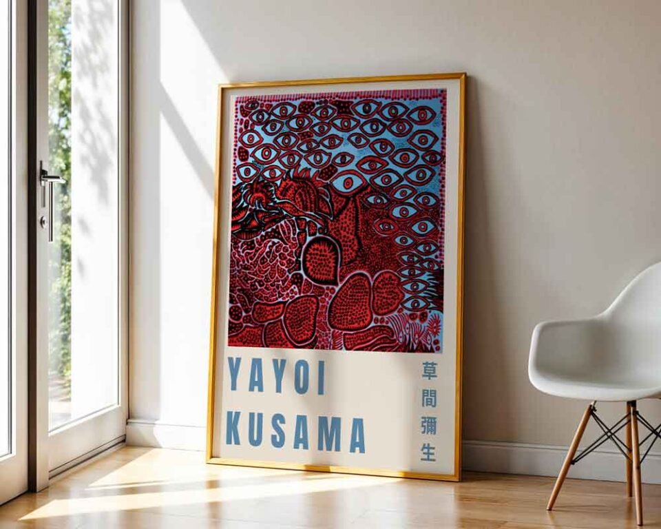 Red Eyes Yayoi Kusama Exhibition Poster Print | Red & Blue Abstract Eyes and Polka Dots | Contemporary Japanese Pop Art Wall Decor
