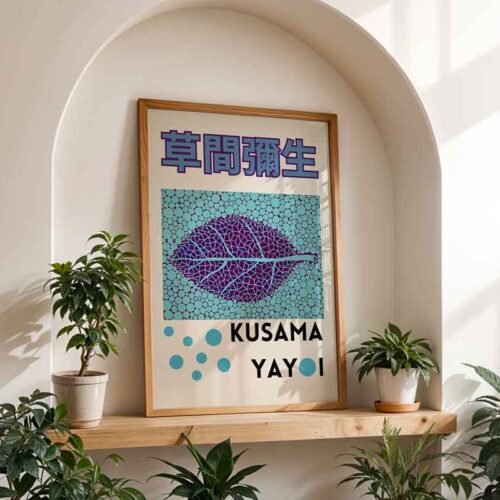 Purple Leaf Yayoi Kusama Exhibition Poster Print | Purple Leaf with Polka Dots & Infinity Nets | Japanese Exhibition Style Wall Art