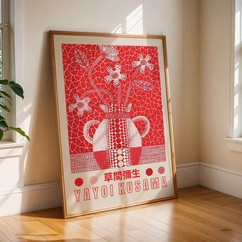 Red and White Floral Still Life Poster | Yayoi Kusama Wall Art Prints | Japanese Pop Art with Polka Dots & Infinity Nets