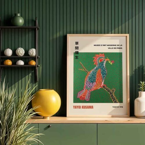 Yayoi Kusama Tokyo & Paris Exhibition Poster Print | Colourful Polka Dot Bird & Infinity Net Wall Art | Contemporary Japanese Pop Art