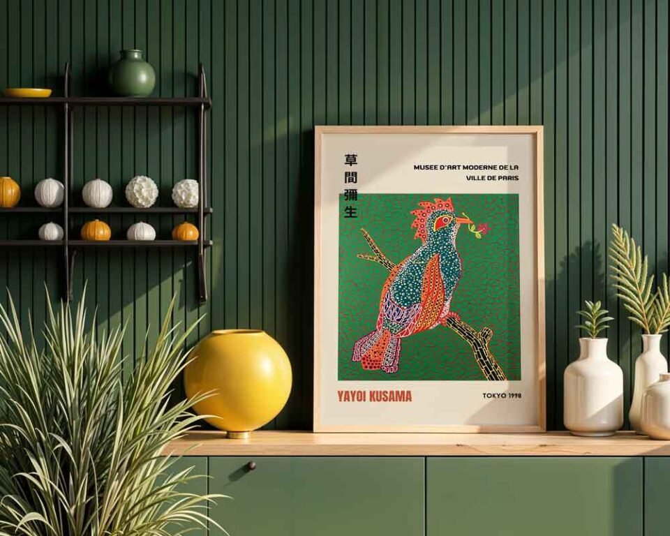 Yayoi Kusama Tokyo & Paris Exhibition Poster Print | Colourful Polka Dot Bird & Infinity Net Wall Art | Contemporary Japanese Pop Art