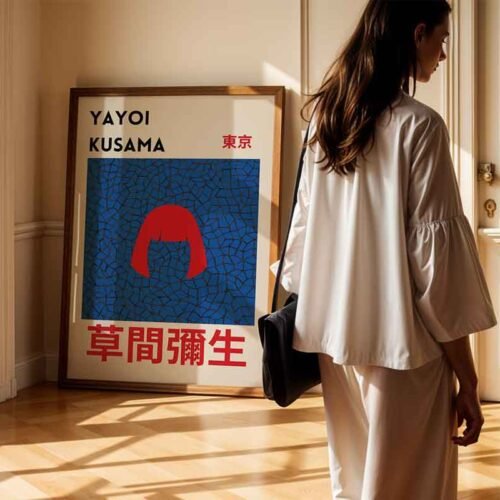 Yayoi Kusama Tokyo Exhibition Poster Print | Self-Portrait with Red Hair and Infinity Net | Contemporary Japanese Pop Art
