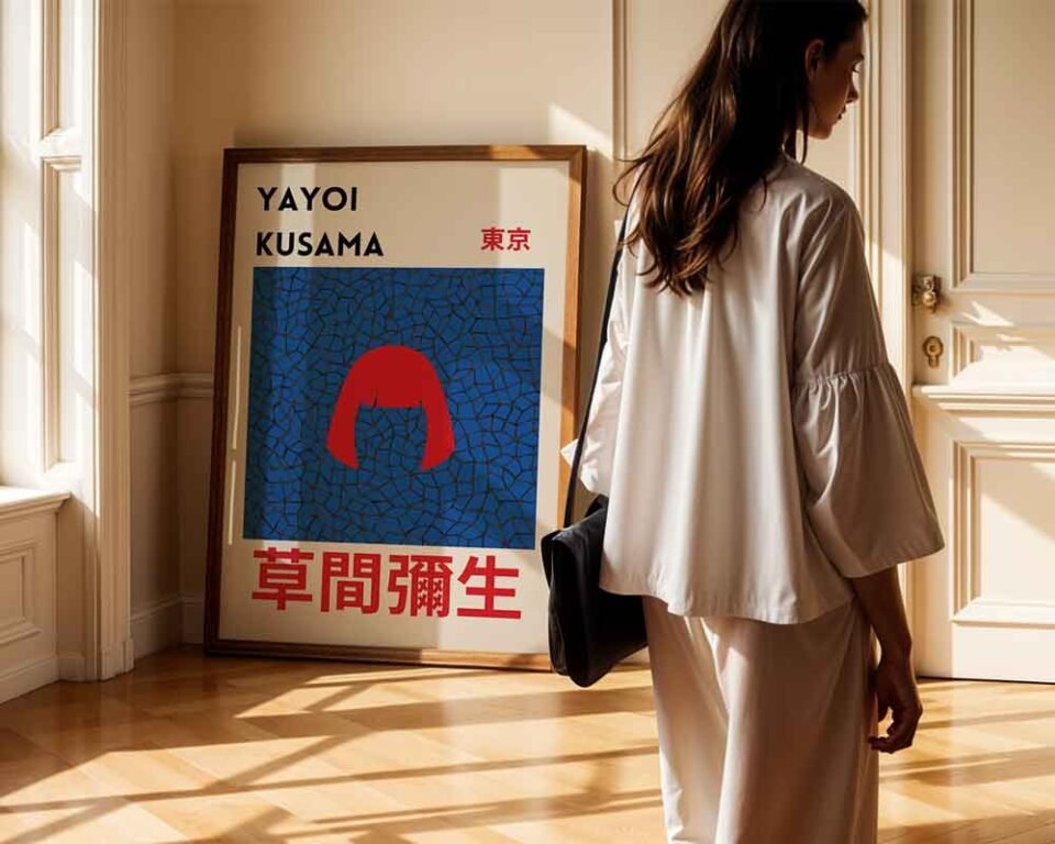 Yayoi Kusama Tokyo Exhibition Poster Print | Self-Portrait with Red Hair and Infinity Net | Contemporary Japanese Pop Art