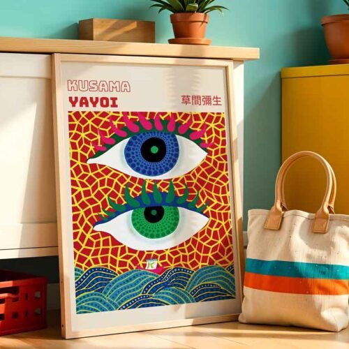 Eyes Flying Yayoi Kusama Exhibition Poster Print | Surreal Eyes & Ocean Waves Wall Art | Contemporary Japanese Pop Art with Polka Dots