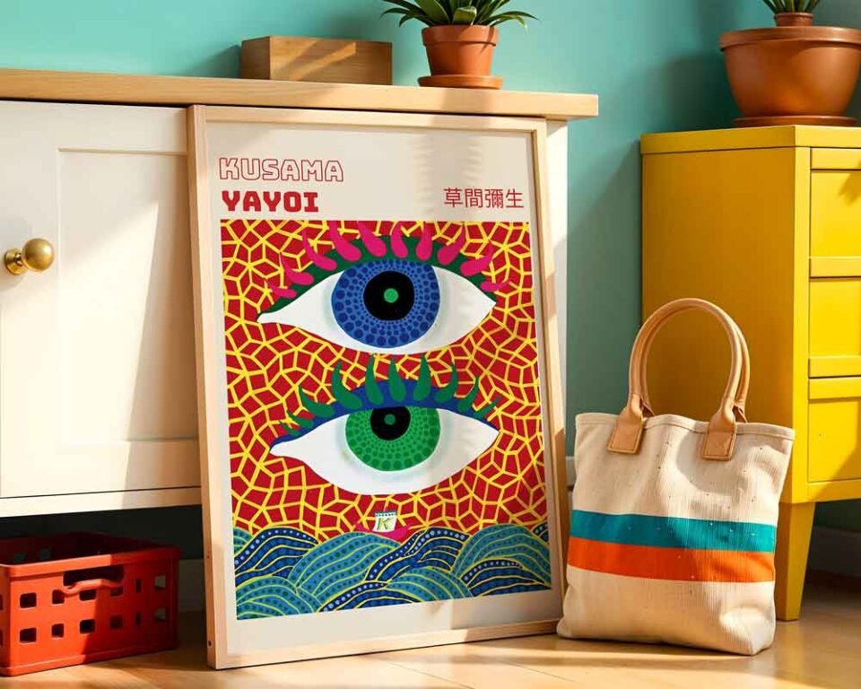 Eyes Flying Yayoi Kusama Exhibition Poster Print | Surreal Eyes & Ocean Waves Wall Art | Contemporary Japanese Pop Art with Polka Dots