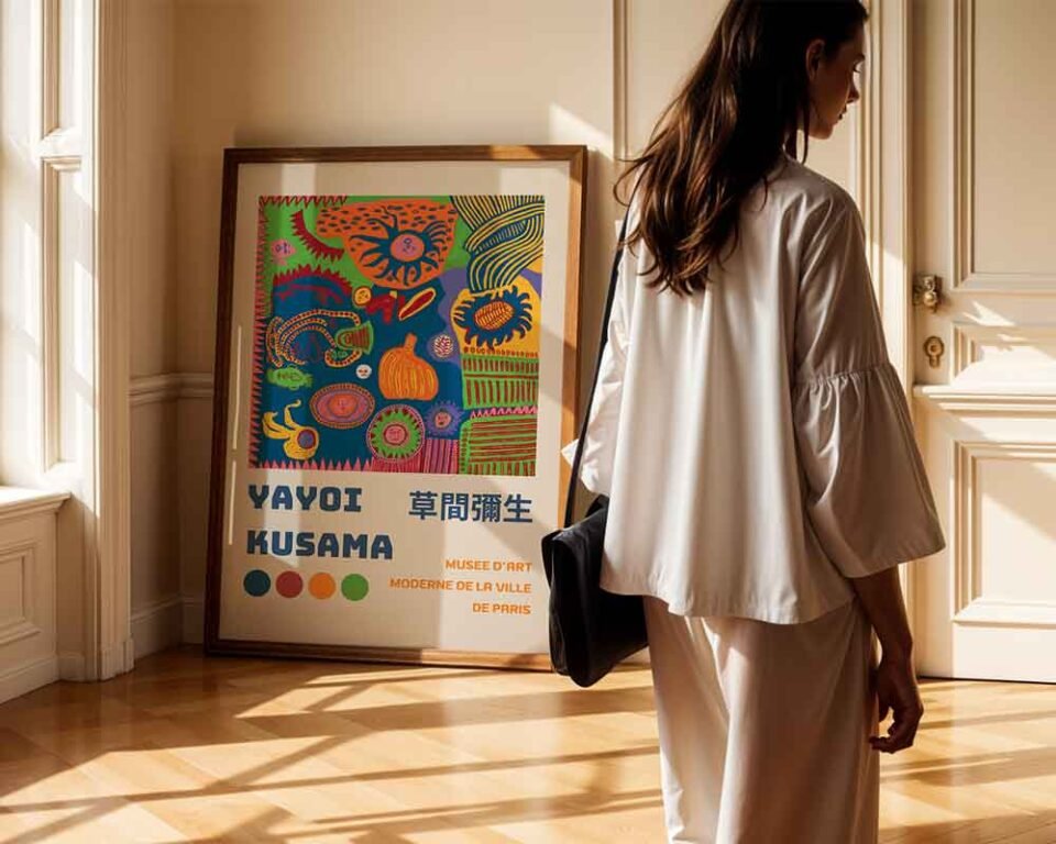 Yayoi Kusama Paris Exhibition Poster Print | Colourful Kusama Collage Wall Art | Contemporary Japanese Pop Art for Home Decor