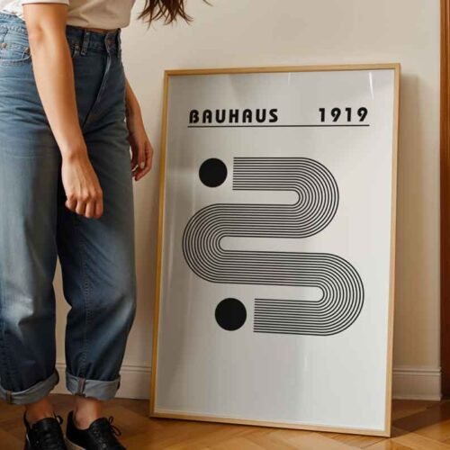 Waves and Dots Bauhaus 1919 Poster Print | Minimalist Art with Wavy Lines & Circles | Black and White Modern Wall Decor for Home or Office