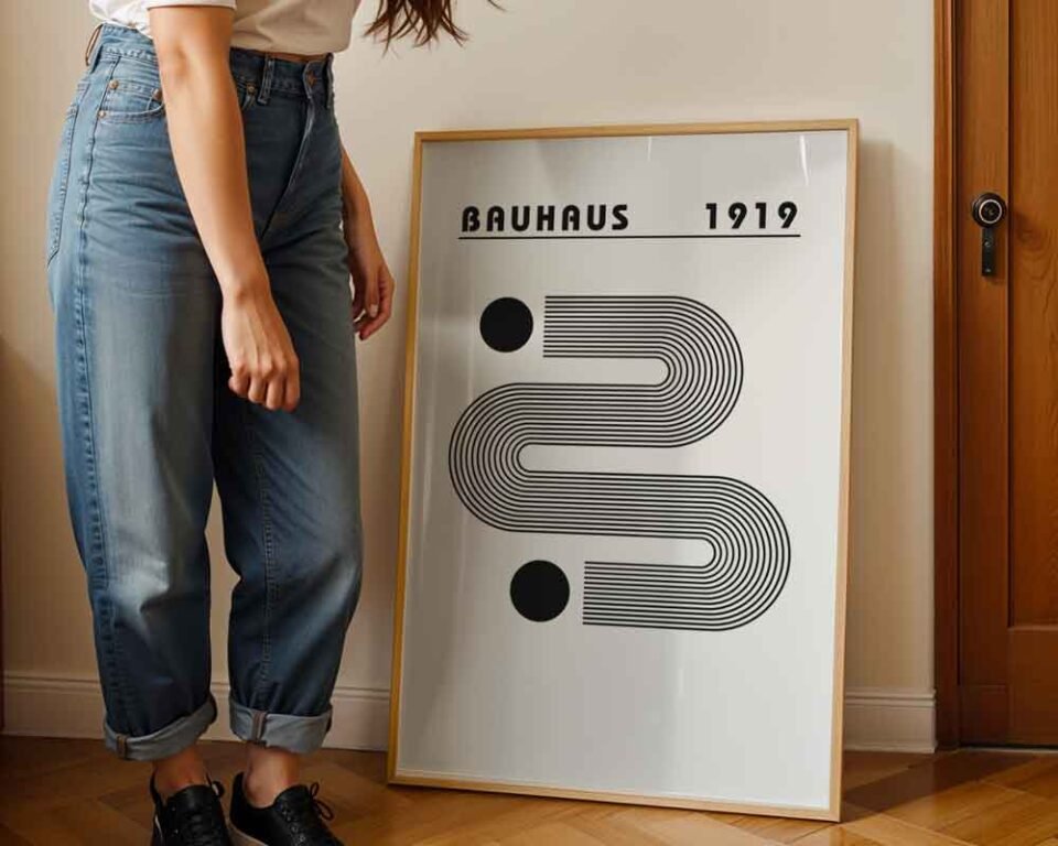 Waves and Dots Bauhaus 1919 Poster Print | Minimalist Art with Wavy Lines & Circles | Black and White Modern Wall Decor for Home or Office