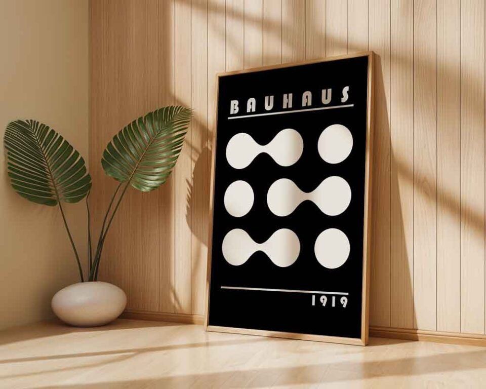 White Shapes Bauhaus Abstract Poster Print | Minimalist Black & White for Living Room Wall Art | Mid-Century Modern Decor