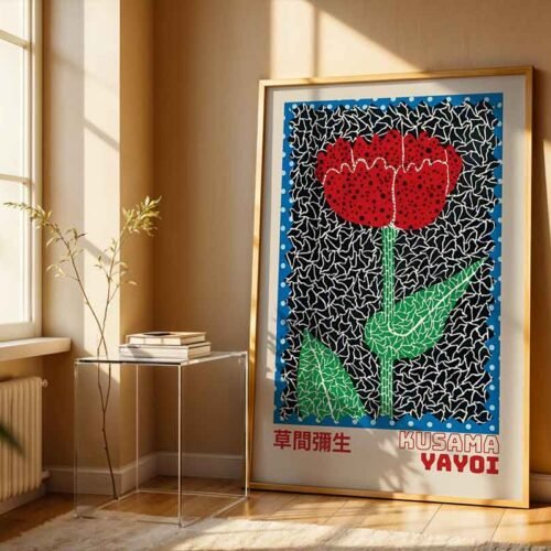 Yayoi Kusama Red Tulip Exhibition Poster Print | Red Polka Dot Flower & Infinity Net Wall Art | Contemporary Japanese Wall Art