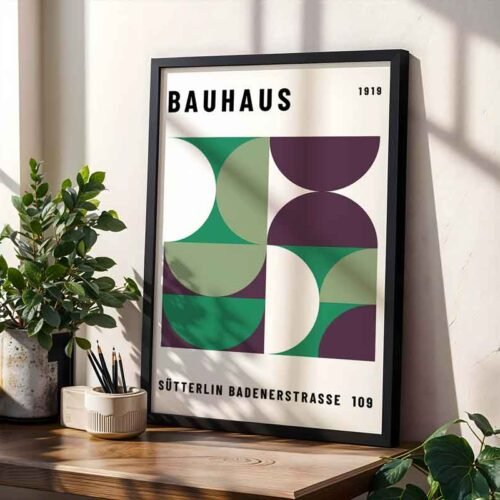 1919 Sütterlin Bauhaus Poster Print | Minimalist Geometric Circles in Green and Plum | Modernist Wall Art for Home or Office Decor