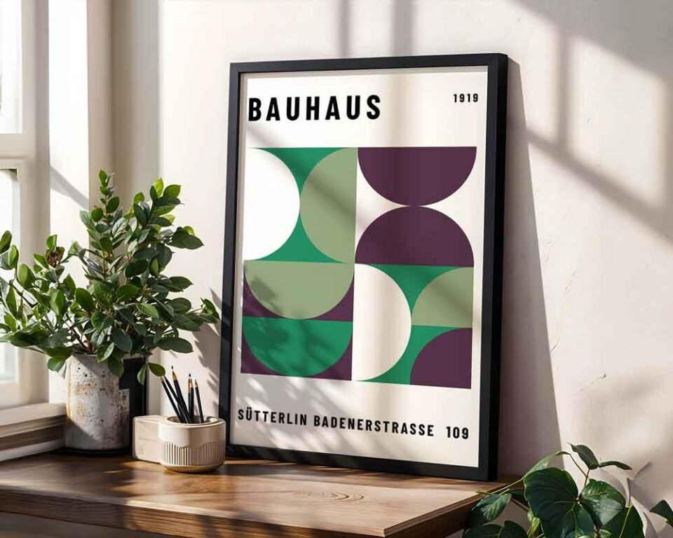 1919 Sütterlin Bauhaus Poster Print | Minimalist Geometric Circles in Green and Plum | Modernist Wall Art for Home or Office Decor