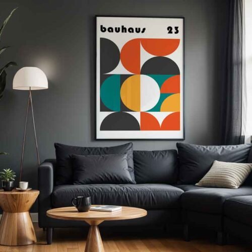 Bauhaus 23 Poster Print | Mid-Century Geometric Abstract Art | Retro Orange and Teal Colour Block Wall Decor for Modern Home