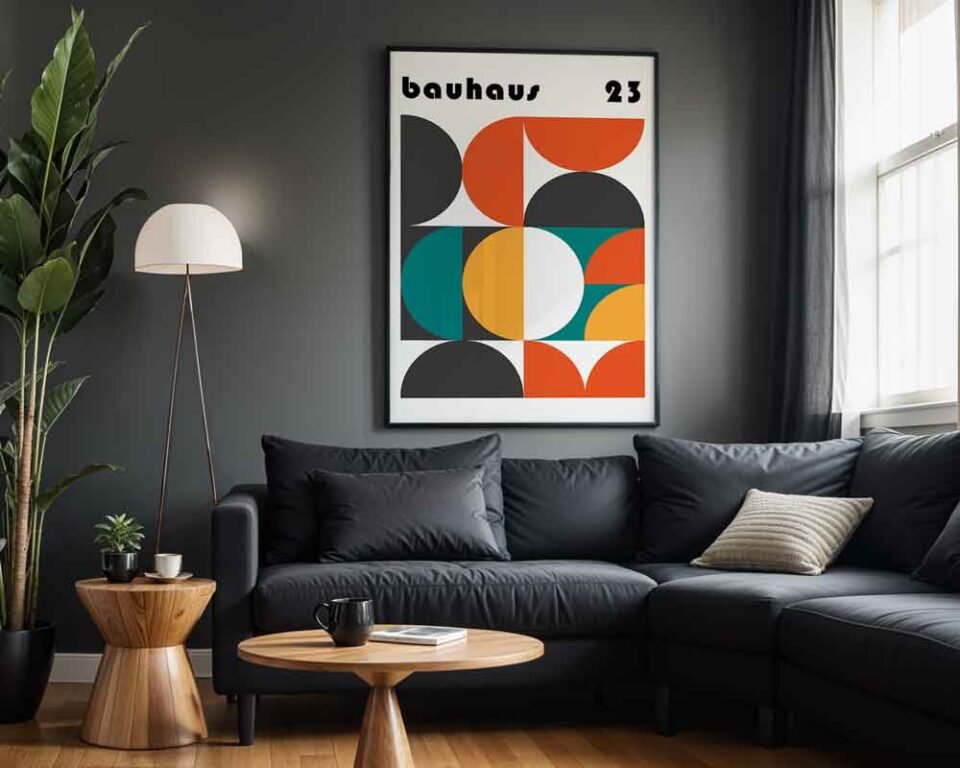 Bauhaus 23 Poster Print | Mid-Century Geometric Abstract Art | Retro Orange and Teal Colour Block Wall Decor for Modern Home