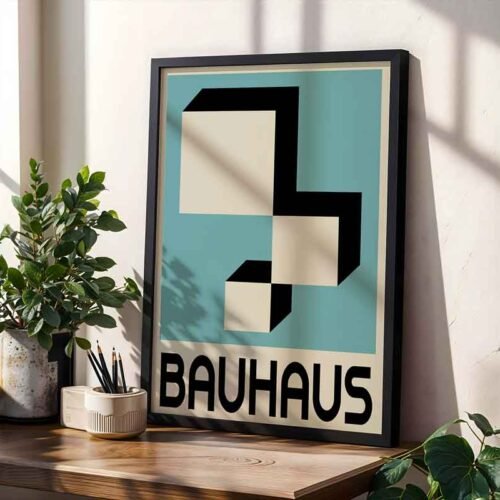 Architectural Bauhaus Poster Print | Minimalist Geometric Abstract Art | Teal, Black & Beige Optical Illusion for Modern Home & Office Decor