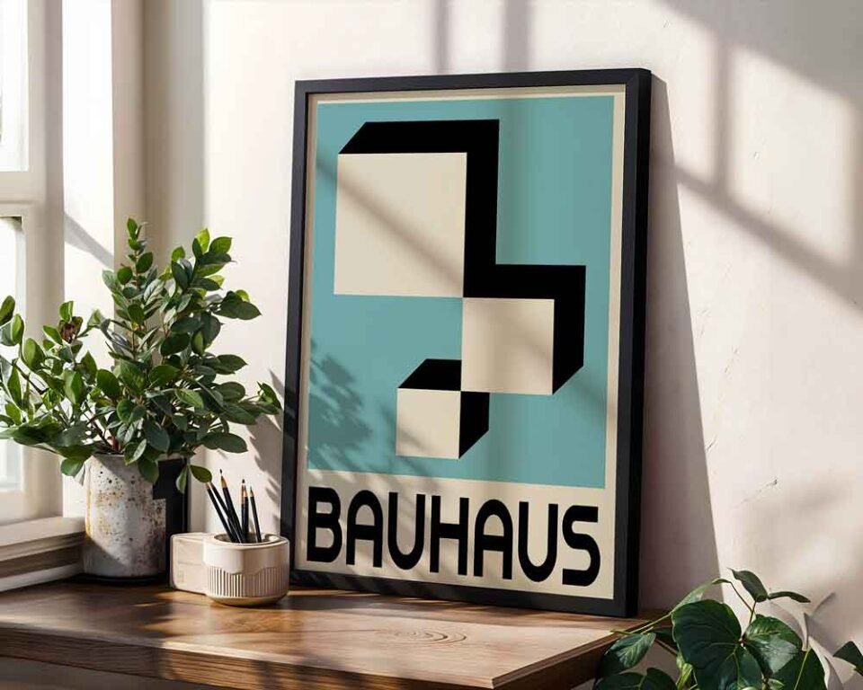 Architectural Bauhaus Poster Print | Minimalist Geometric Abstract Art | Teal, Black & Beige Optical Illusion for Modern Home & Office Decor