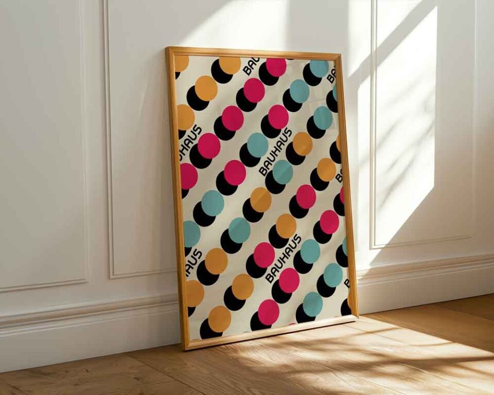 Retro Dot Bauhaus Poster Print | Colourful Geometric Dot Pattern with Typography | Modernist Wall Art for Living Room or Office