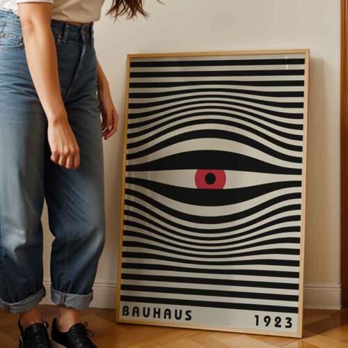 Hypnotic Bauhaus 1923 Poster Print | Op Art Eye with Wavy Lines | Modernist Abstract Wall Art with Red Accent for Living Room Wall Art