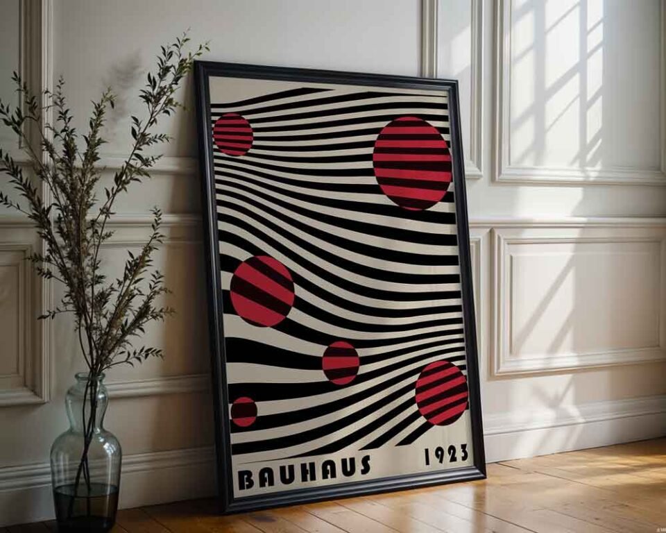 Minimal Lines Bauhaus 1923 Poster Print | Geometric Op Art with Wavy Lines & Red Circles | Modernist Abstract Wall Art for Home or Office