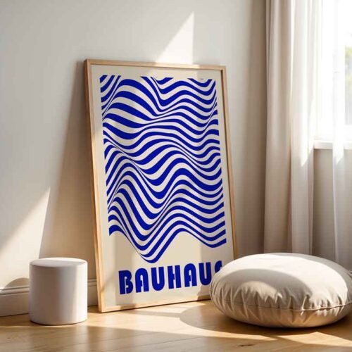 Wavy Lines Poster Prints | Abstract Wave Wall Art | Modern Geometric Design | Bauhaus Style Blue & Cream Wall Decor