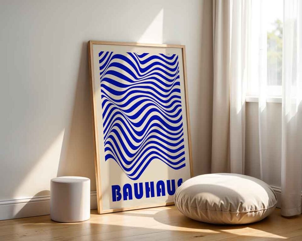 Wavy Lines Poster Prints | Abstract Wave Wall Art | Modern Geometric Design | Bauhaus Style Blue & Cream Wall Decor
