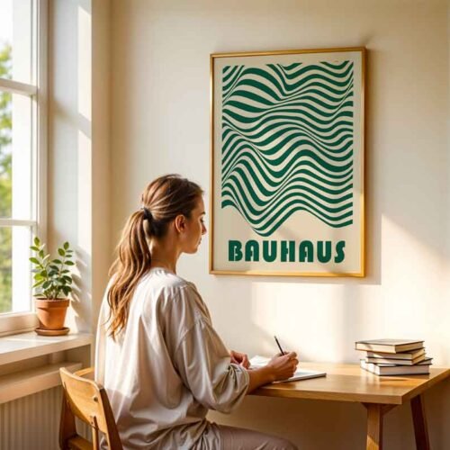 Minimalist Lines - Dark Green Classic Bauhaus Style Poster Prints | Minimalist Living Room Wall Art | Modern Art Geometric Composition in Green