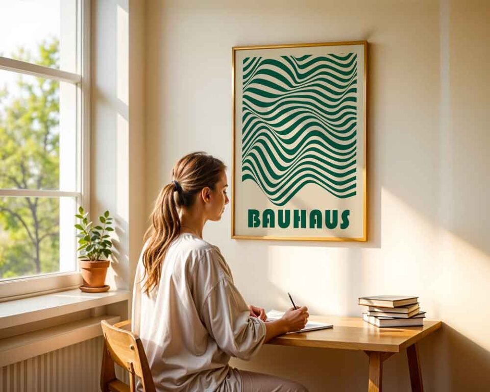 Minimalist Lines - Dark Green Classic Bauhaus Style Poster Prints | Minimalist Living Room Wall Art | Modern Art Geometric Composition in Green