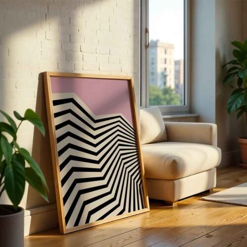 Modernist Zig Zag Poster Prints | Abstract Geometric Wall Art | Black and Pink Living Room Wall Art