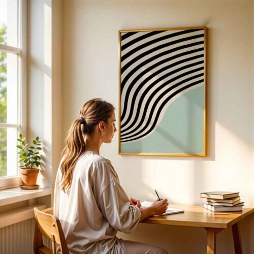 Abstract Wavy Lines Poster | Minimalist Op Art Poster Print in Sage Green and Black | Modern Geometric Wall Art for Calming Home Decor