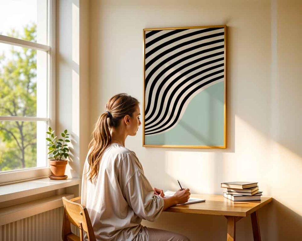 Abstract Wavy Lines Poster | Minimalist Op Art Poster Print in Sage Green and Black | Modern Geometric Wall Art for Calming Home Decor