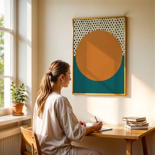 Orange Circle Minimalist Abstract Poster Prints | Mid-Century Modern Design | Black, Orange & Teal Wall Art Decor