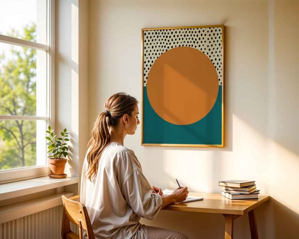 Orange Circle Minimalist Abstract Poster Prints | Mid-Century Modern Design | Black, Orange & Teal Wall Art Decor