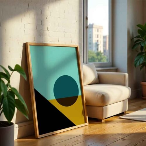 Desert Horizon - Minimalist Abstract Poster Print | Modern Geometric Landscape with Sun | Teal & Ochre Colour Block Art Print