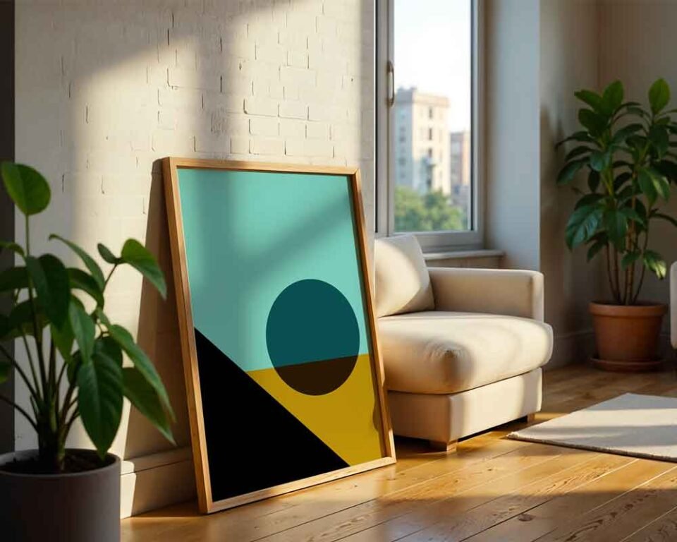 Desert Horizon - Minimalist Abstract Poster Print | Modern Geometric Landscape with Sun | Teal & Ochre Colour Block Art Print