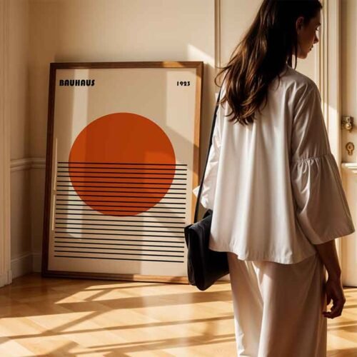 Geometric Sun Minimalist Exhibition Style Bauhaus Poster Print | Burnt Orange & Black Abstract Wall Art for Modern Wall Decor