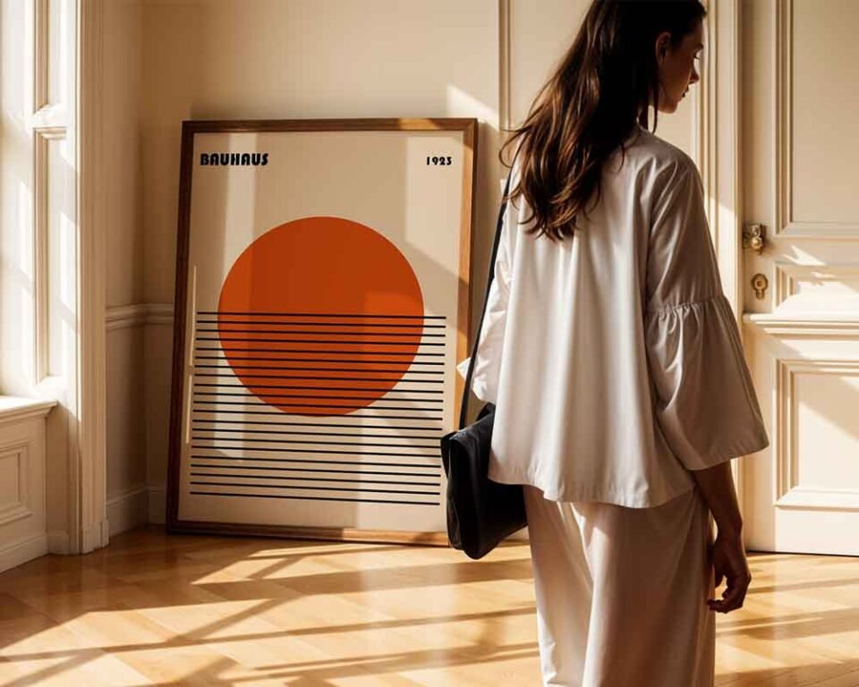 Geometric Sun Minimalist Exhibition Style Bauhaus Poster Print | Burnt Orange & Black Abstract Wall Art for Modern Wall Decor