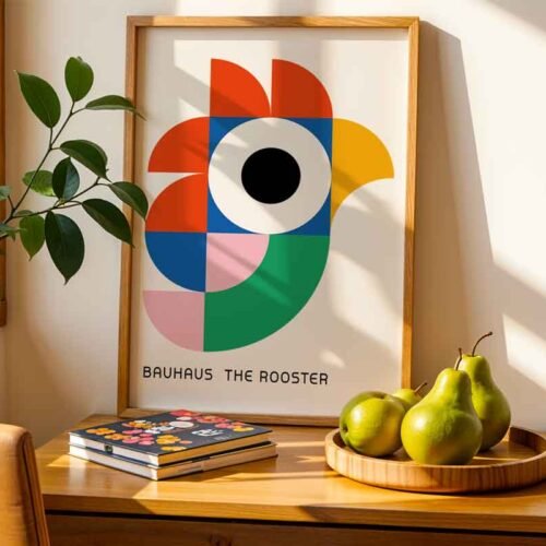 Bauhaus Rooster Poster Print | Colourful Geometric Abstract Bird | Modern Minimalist Wall Art for Kitchen or Kid's Room
