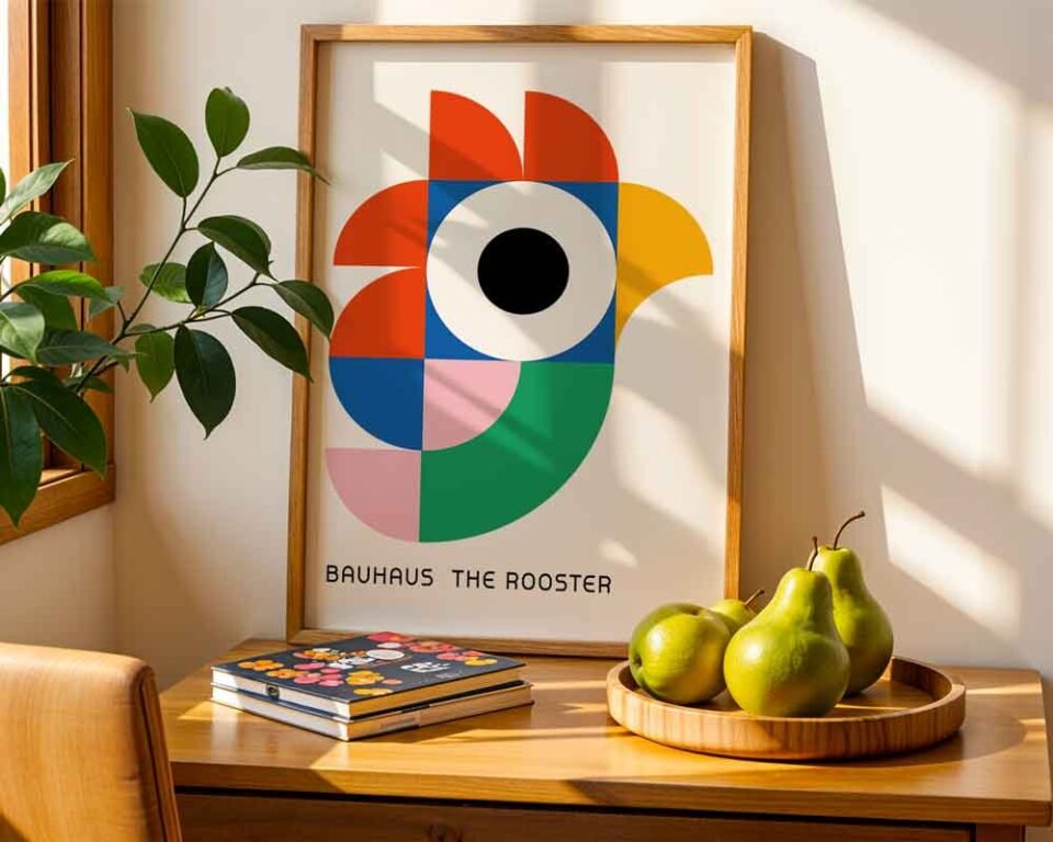 Bauhaus Rooster Poster Print | Colourful Geometric Abstract Bird | Modern Minimalist Wall Art for Kitchen or Kid's Room