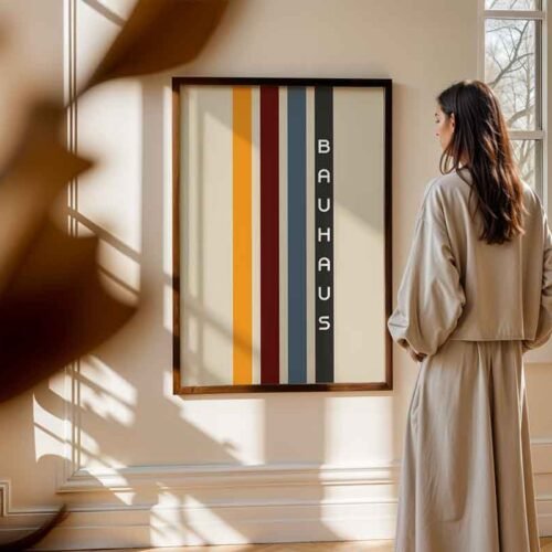 Minimalist Stripes Retro Art Bauhaus Poster Print | Minimalist Vertical Stripes Wall Art | Retro Colour Palette with Burgundy & Mustard | Modernist Decor for Home