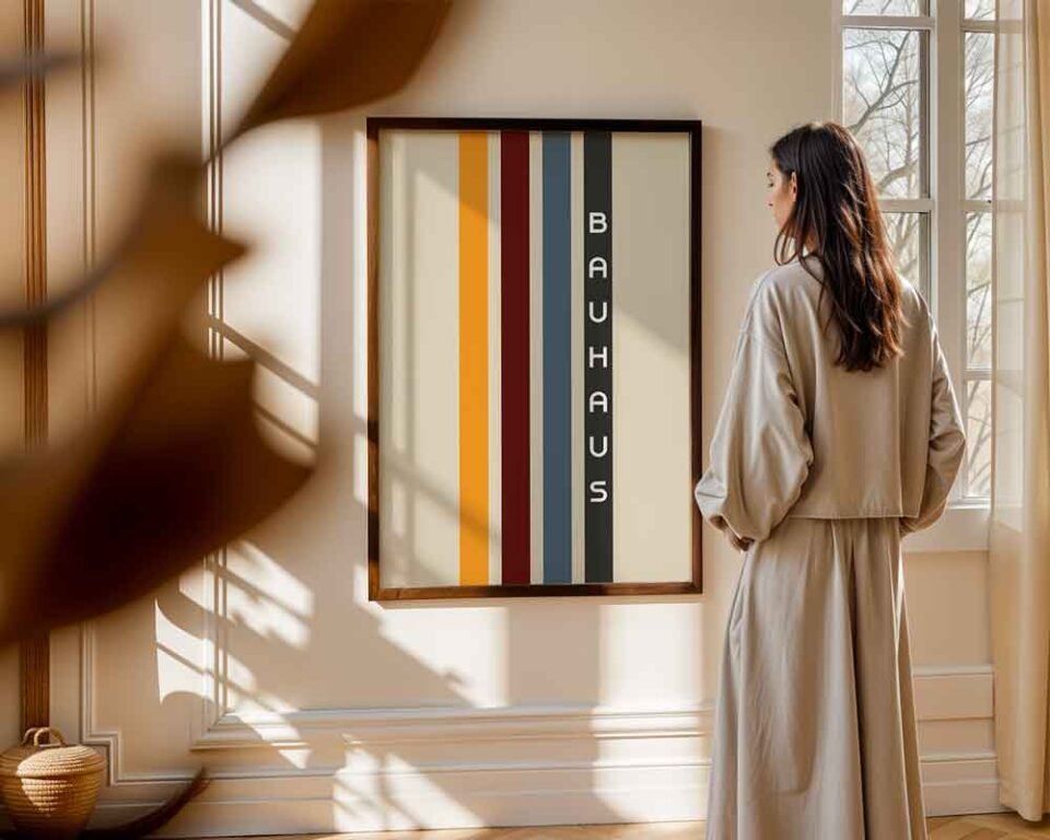 Minimalist Stripes Retro Art Bauhaus Poster Print | Minimalist Vertical Stripes Wall Art | Retro Colour Palette with Burgundy & Mustard | Modernist Decor for Home