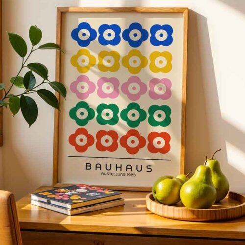 Geometric Flower Poster Prints | Bauhaus Inspired Retro Wall Art | Playful & Colourful Print for Modern Home Decor