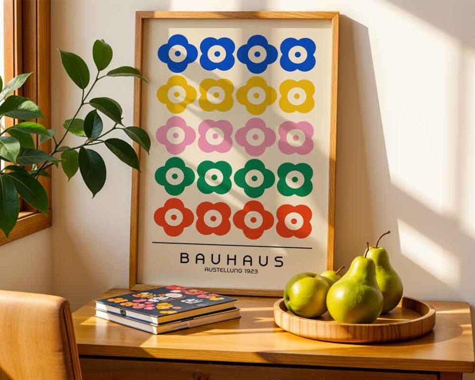 Geometric Flower Poster Prints | Bauhaus Inspired Retro Wall Art | Playful & Colourful Print for Modern Home Decor