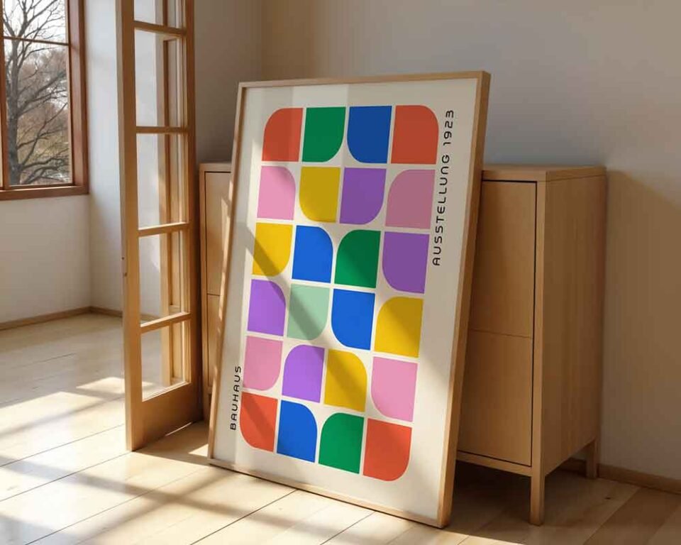 Retro Geometric Grid Poster | Bauhaus 1923 Exhibition Style Wall Art | Colourful Modernist Poster Print for Home Decor